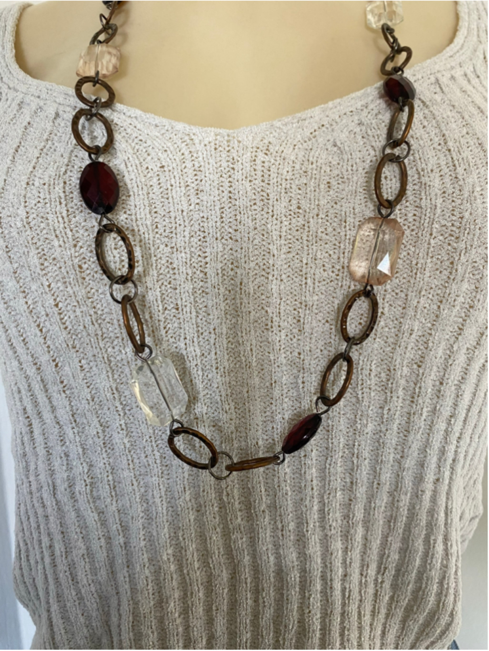 Brown and clear glass bead necklace